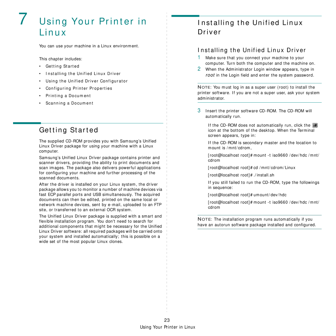 Samsung SCX-4521FR, SCX-4321 manual Using Your Printer in Linux, Getting Started, Installing the Unified Linux Driver 