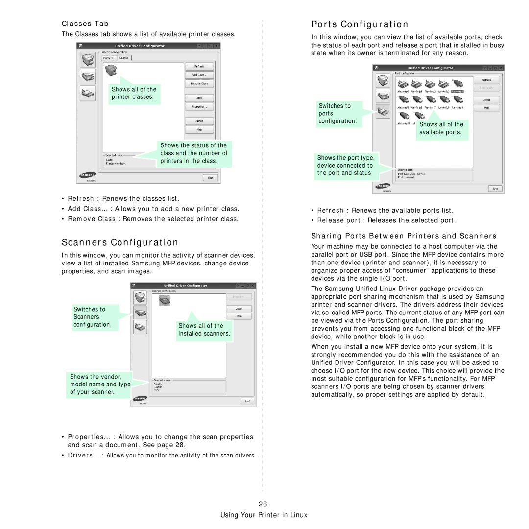 Samsung SCX-4521FR Scanners Configuration, Ports Configuration, Classes Tab, Sharing Ports Between Printers and Scanners 