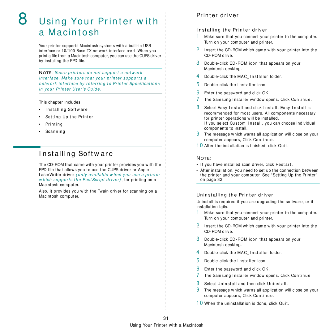 Samsung SCX-4321, SCX-4521FR Using Your Printer with a Macintosh, Installing Software, Installing the Printer driver 