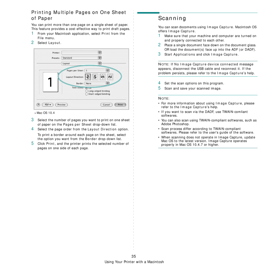 Samsung SCX-4521FR, SCX-4321 manual Scanning, Printing Multiple Pages on One Sheet of Paper, Offers Image Capture 