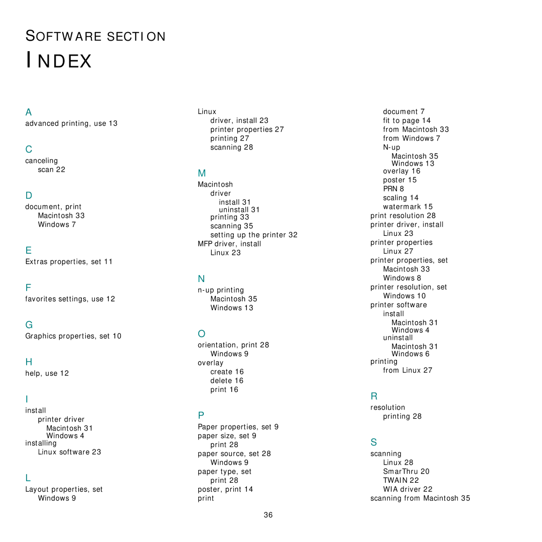 Samsung SCX-4321, SCX-4521FR manual Index 