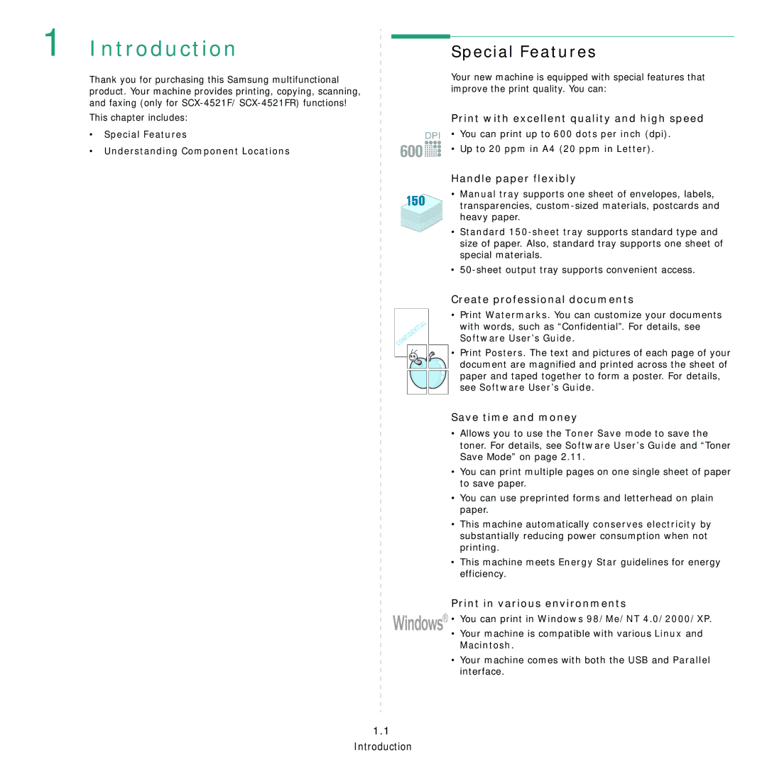 Samsung SCX-4521FR, SCX-4321 manual Introduction, Special Features 