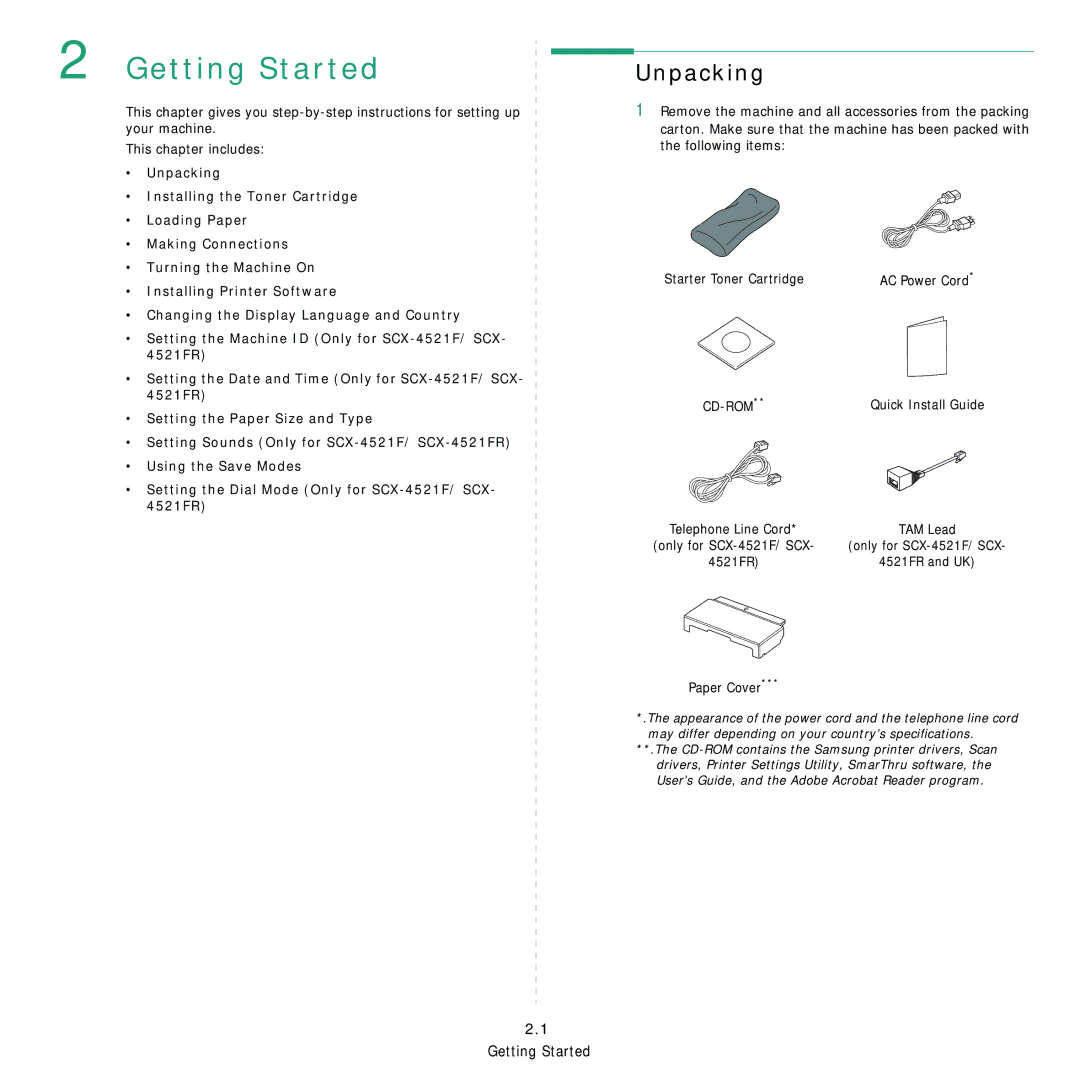 Samsung SCX-4521FR, SCX-4321 manual Getting Started, Unpacking, Cd-Rom, Paper Cover 