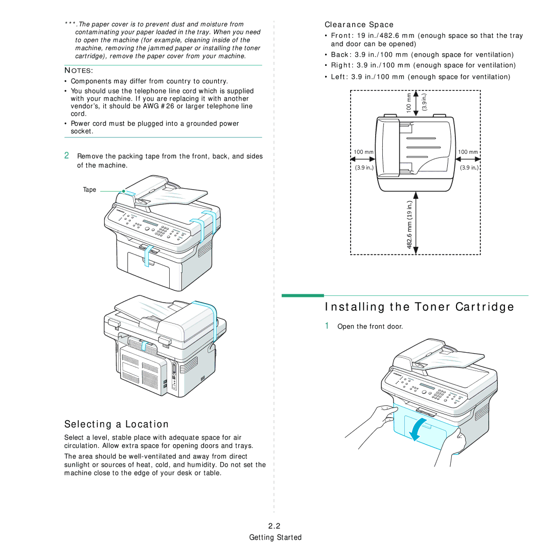 Samsung SCX-4521F, SCX-4321 Installing the Toner Cartridge, Selecting a Location, Clearance Space, Open the front door 