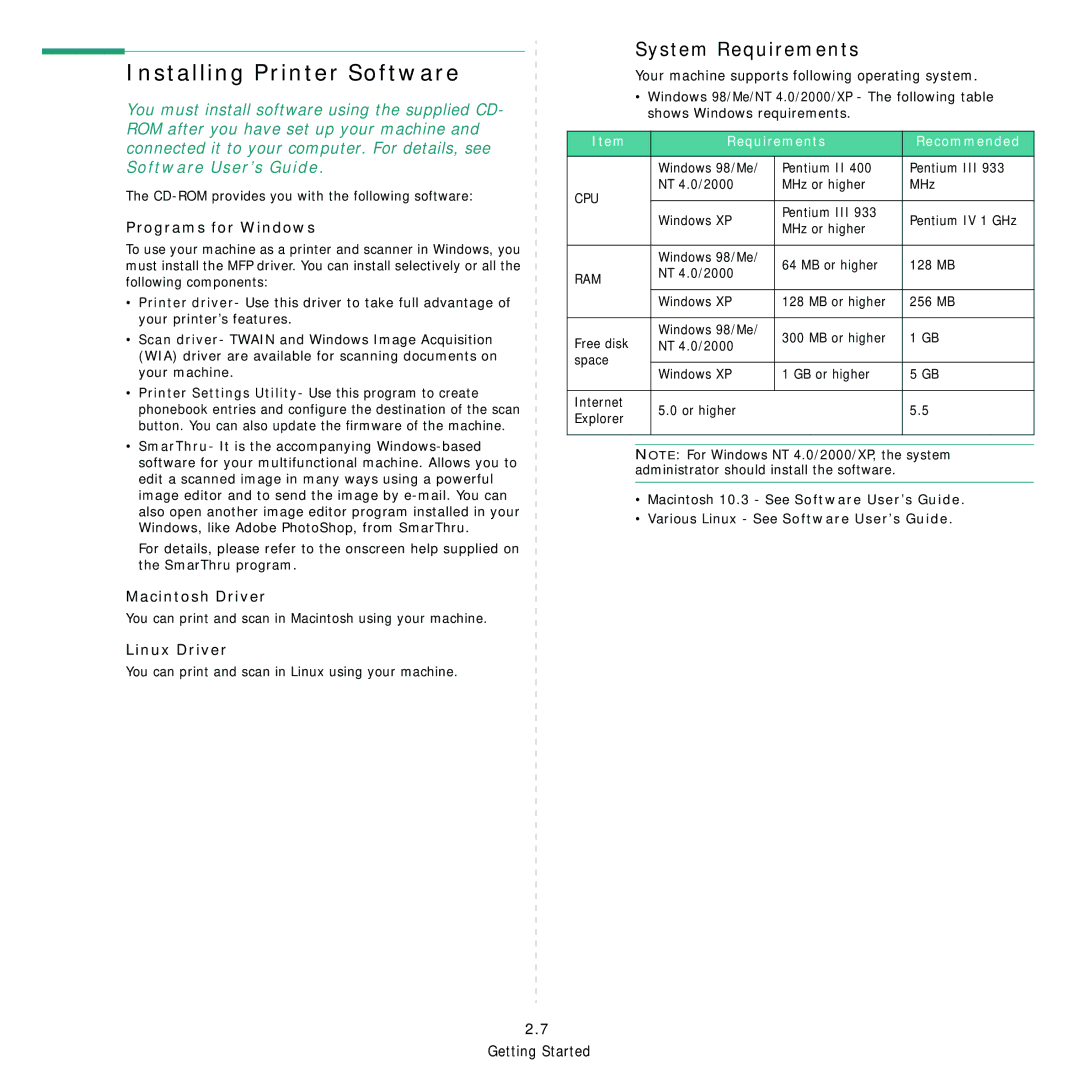 Samsung SCX-4521FR Installing Printer Software, System Requirements, Programs for Windows, Macintosh Driver, Linux Driver 