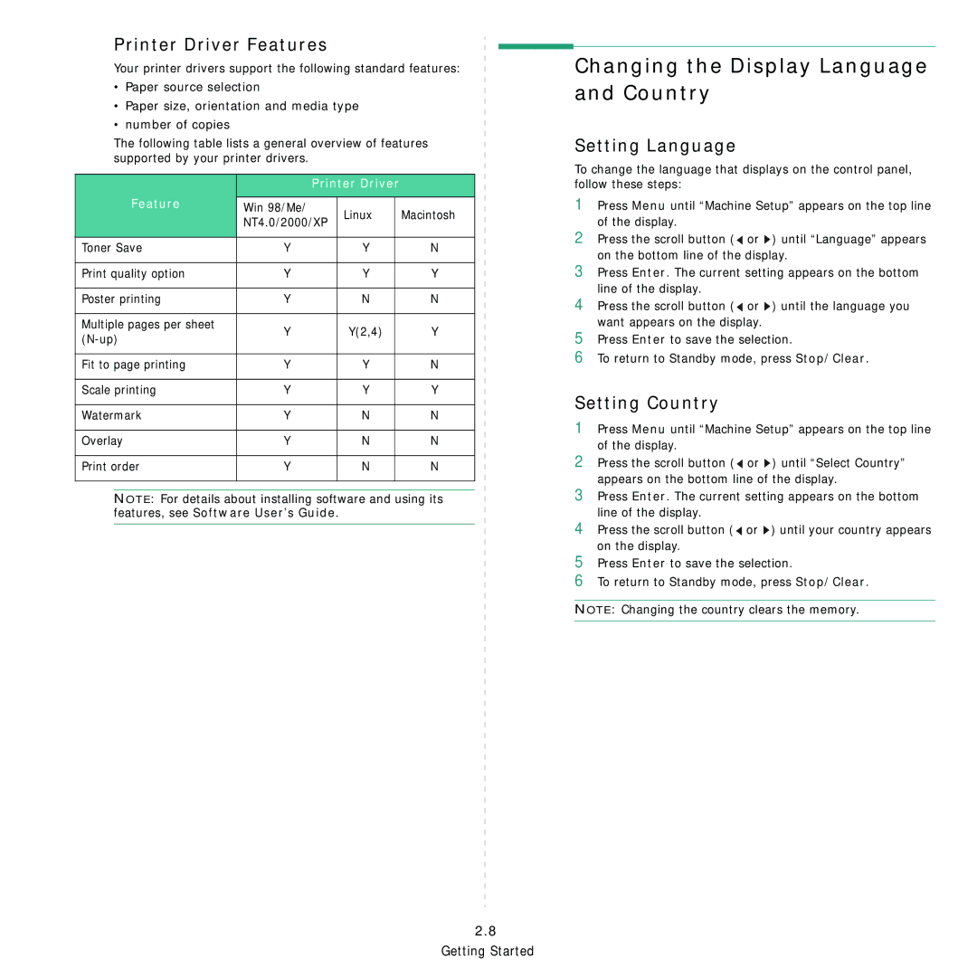 Samsung SCX-4521F Changing the Display Language and Country, Printer Driver Features, Setting Language, Setting Country 