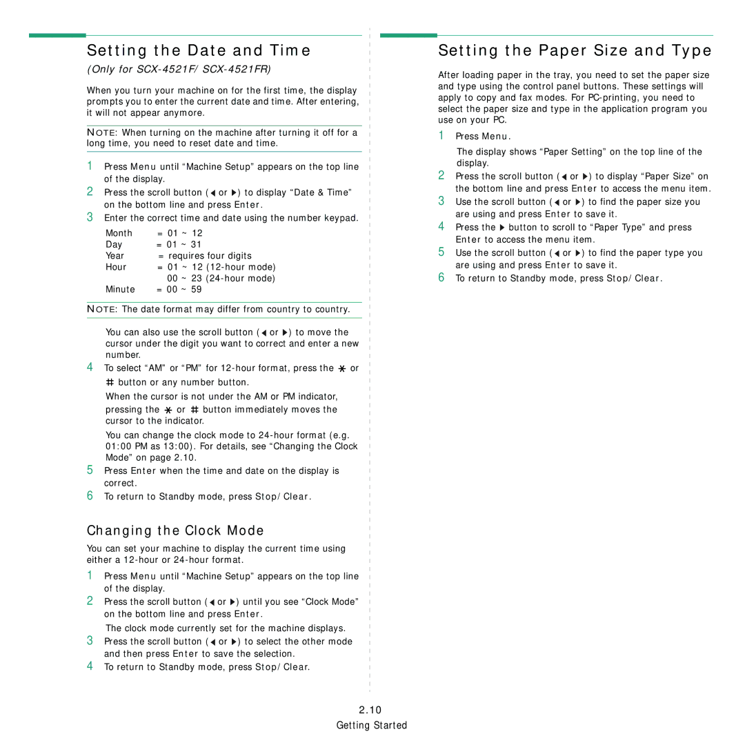 Samsung SCX-4521FR, SCX-4321 manual Setting the Date and Time, Setting the Paper Size and Type, Changing the Clock Mode 