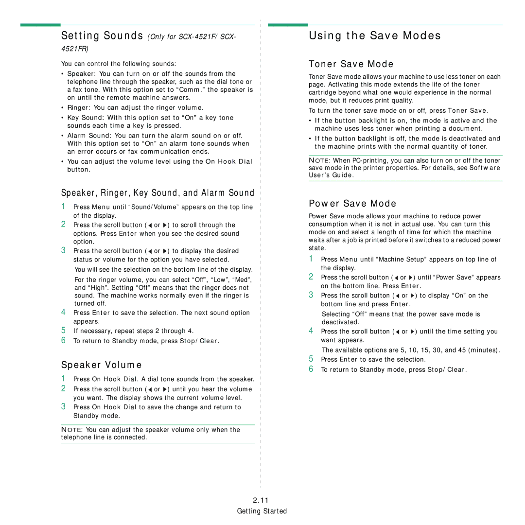 Samsung SCX-4521F manual Using the Save Modes, Speaker, Ringer, Key Sound, and Alarm Sound, Speaker Volume, Toner Save Mode 