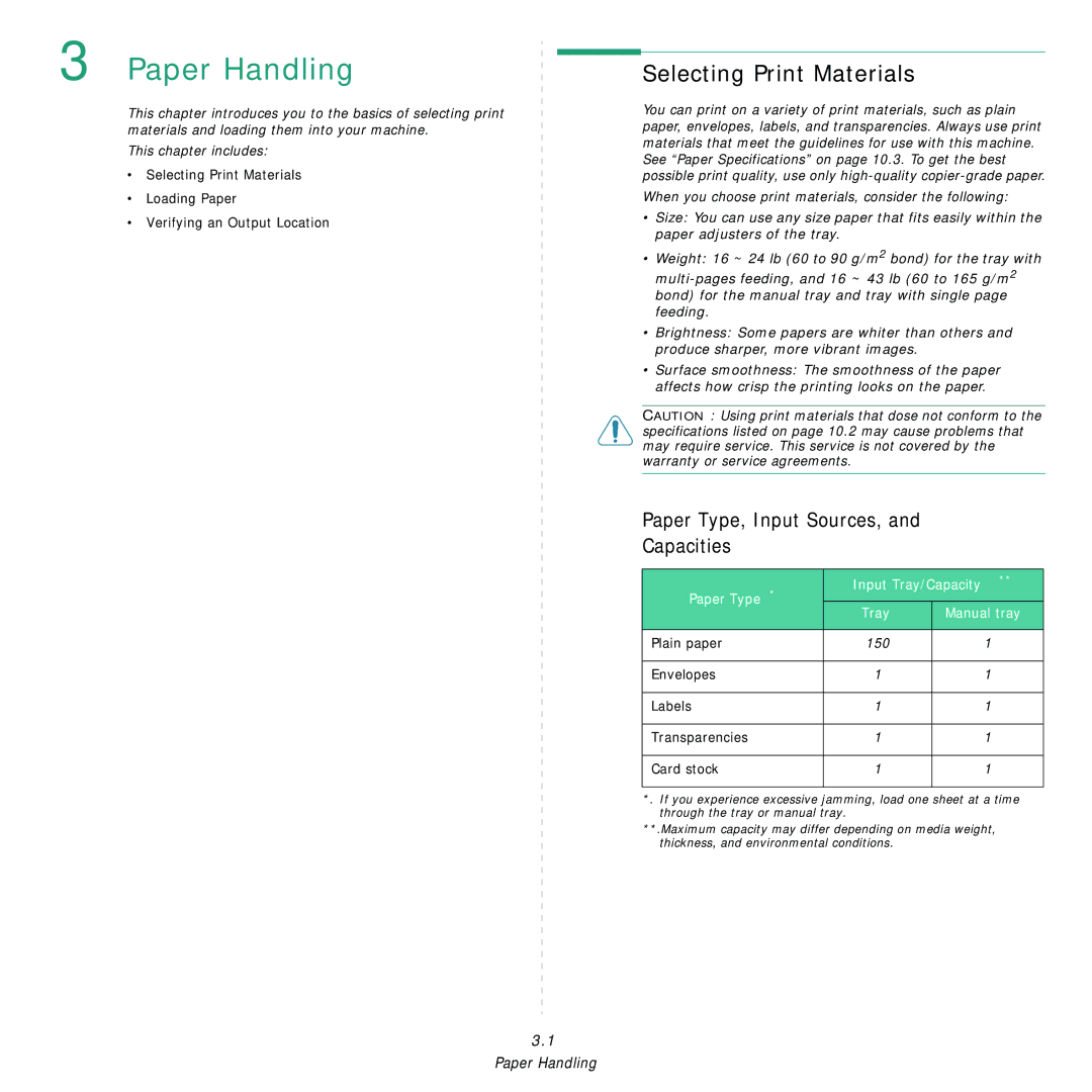 Samsung SCX-4521FR, SCX-4321 manual Paper Handling, Selecting Print Materials, Paper Type, Input Sources, and Capacities 