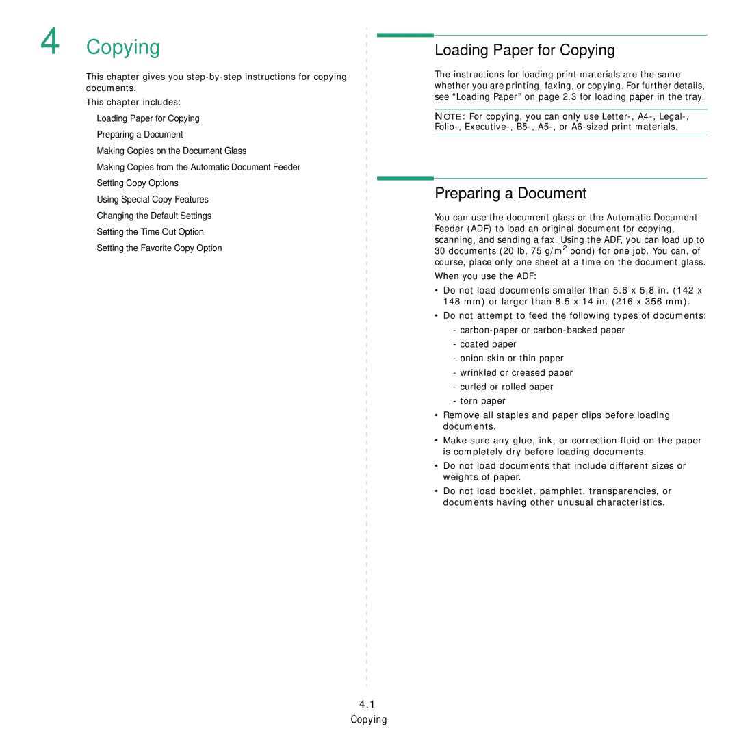 Samsung SCX-4521FR, SCX-4321 manual Loading Paper for Copying, Preparing a Document 