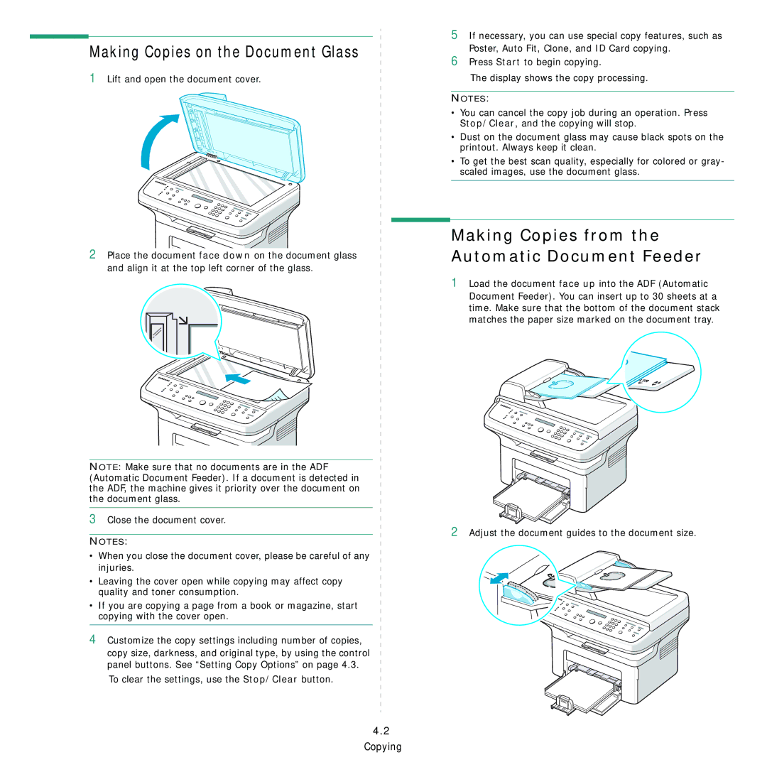 Samsung SCX-4521F, SCX-4321 manual Making Copies on the Document Glass, Making Copies from the Automatic Document Feeder 