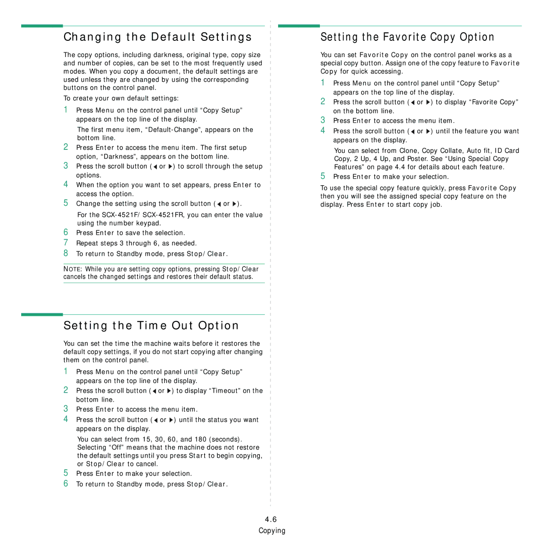 Samsung SCX-4321, SCX-4521FR Changing the Default Settings, Setting the Time Out Option, Setting the Favorite Copy Option 