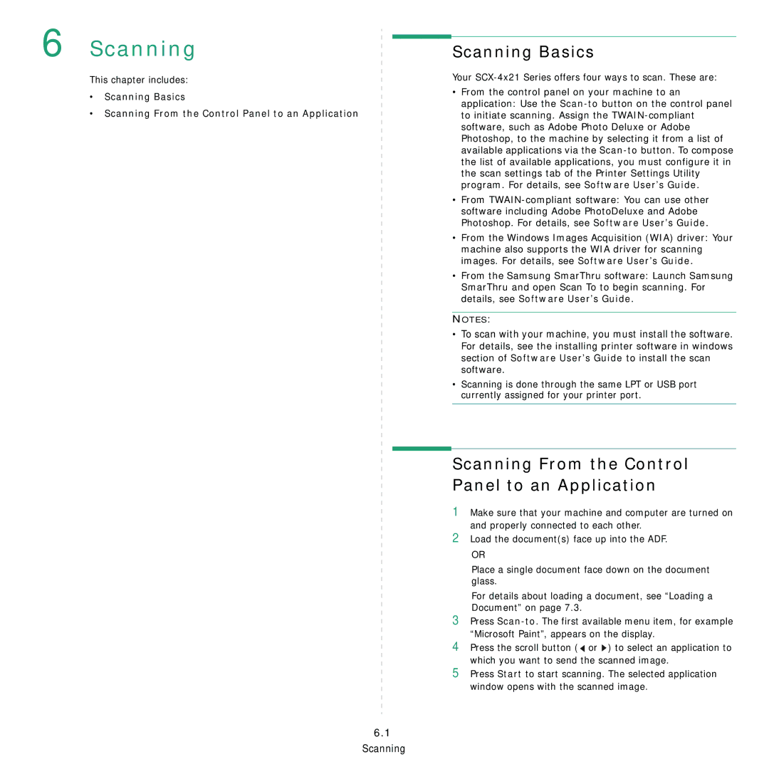 Samsung SCX-4321, SCX-4521FR manual Scanning Basics, Your SCX-4x21 Series offers four ways to scan. These are 