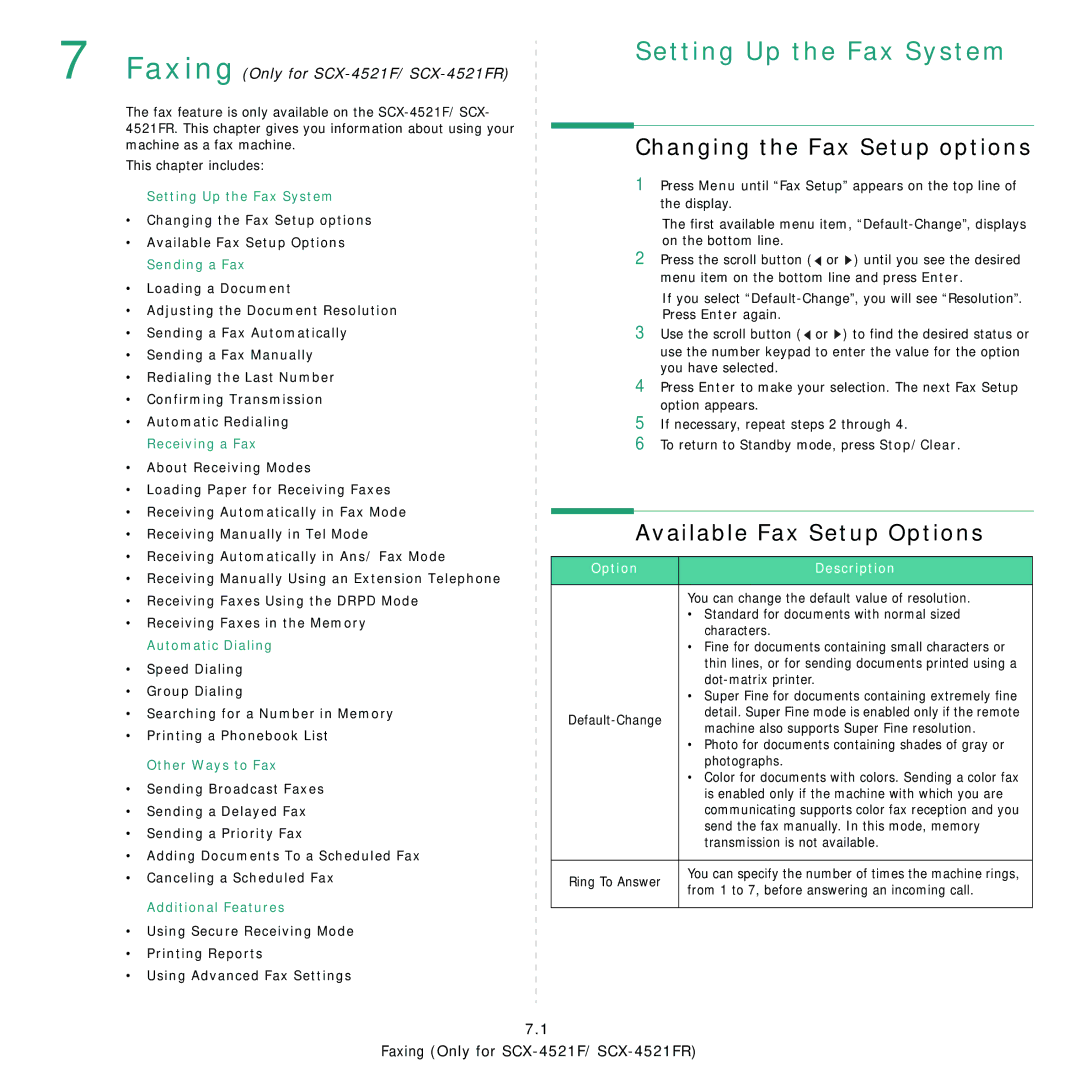 Samsung SCX-4321, SCX-4521FR manual Changing the Fax Setup options, Available Fax Setup Options, Option Description 