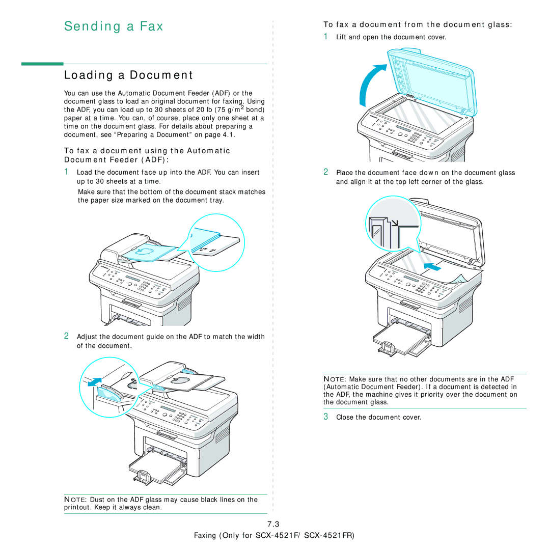 Samsung SCX-4321, SCX-4521FR manual Loading a Document, To fax a document using the Automatic Document Feeder ADF 