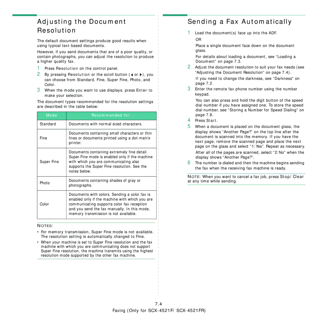 Samsung SCX-4321, SCX-4521FR manual Adjusting the Document Resolution, Sending a Fax Automatically, Mode Recommended for 