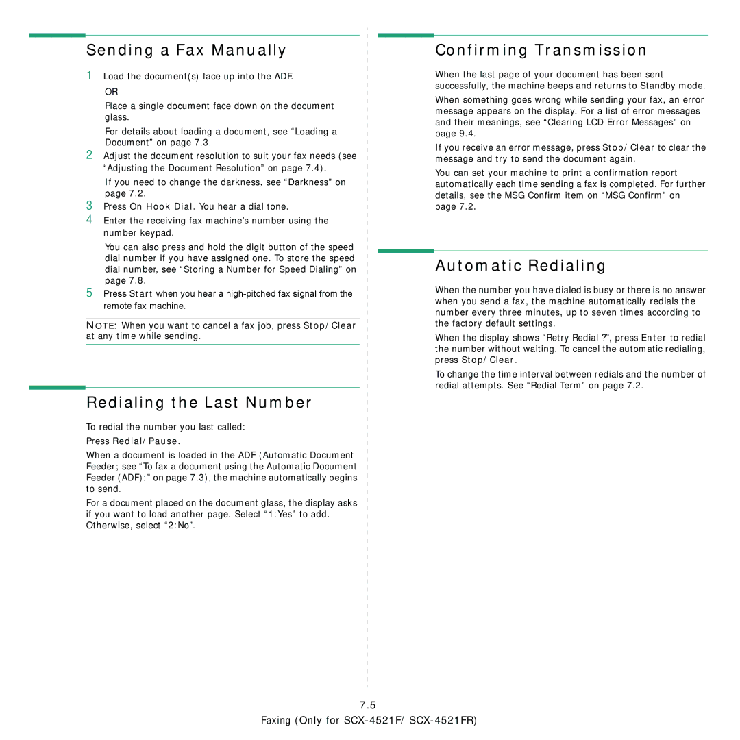 Samsung SCX-4521FR manual Sending a Fax Manually, Redialing the Last Number, Confirming Transmission, Automatic Redialing 