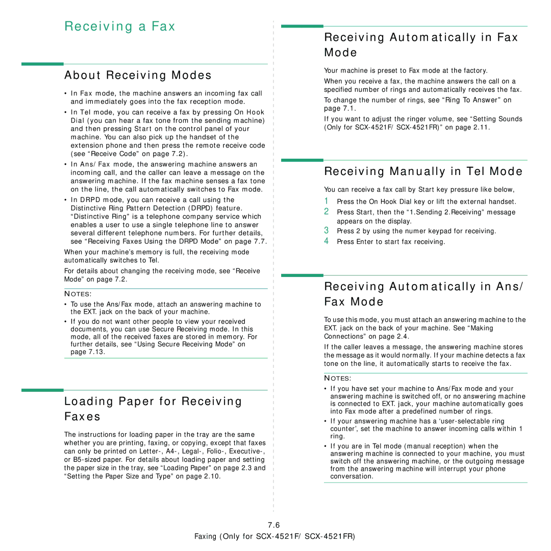Samsung SCX-4521F, SCX-4321 About Receiving Modes, Loading Paper for Receiving Faxes, Receiving Automatically in Fax Mode 
