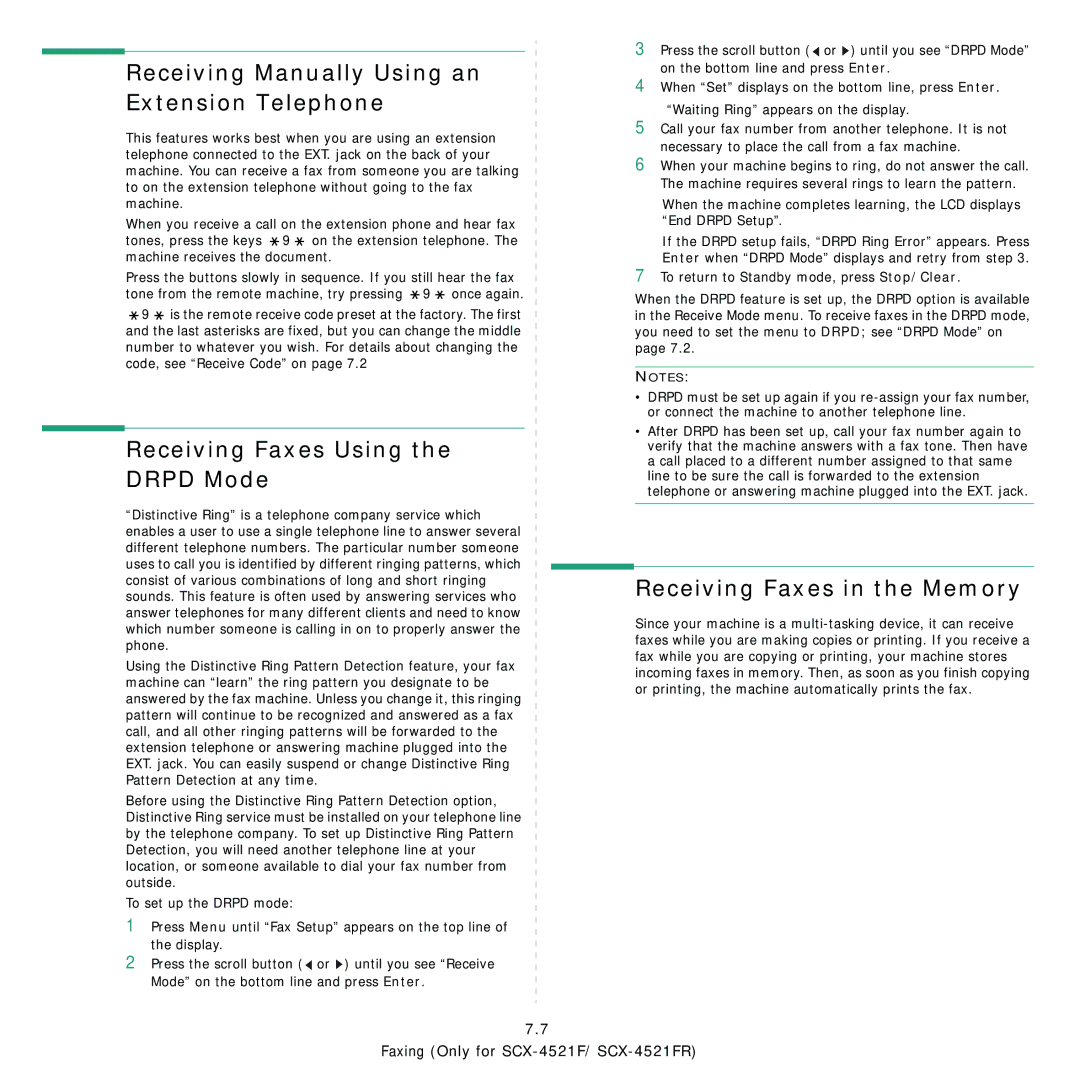 Samsung SCX-4321, SCX-4521FR manual Receiving Manually Using an Extension Telephone, Receiving Faxes Using the Drpd Mode 