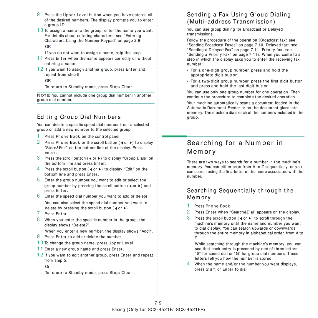 Samsung SCX-4521F Searching for a Number in Memory, Editing Group Dial Numbers, Searching Sequentially through the Memory 