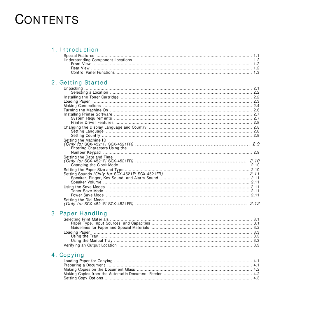 Samsung SCX-4321, SCX-4521FR manual Contents 