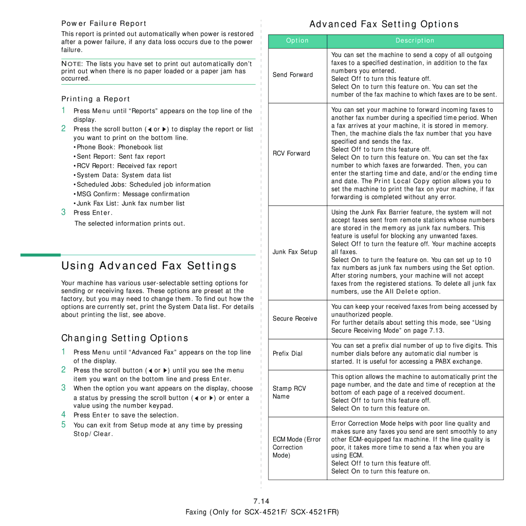 Samsung SCX-4521FR Using Advanced Fax Settings, Changing Setting Options, Advanced Fax Setting Options, Printing a Report 