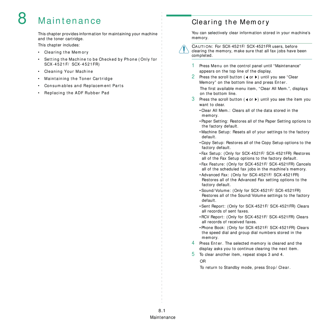 Samsung SCX-4321, SCX-4521FR manual Maintenance, Clearing the Memory 