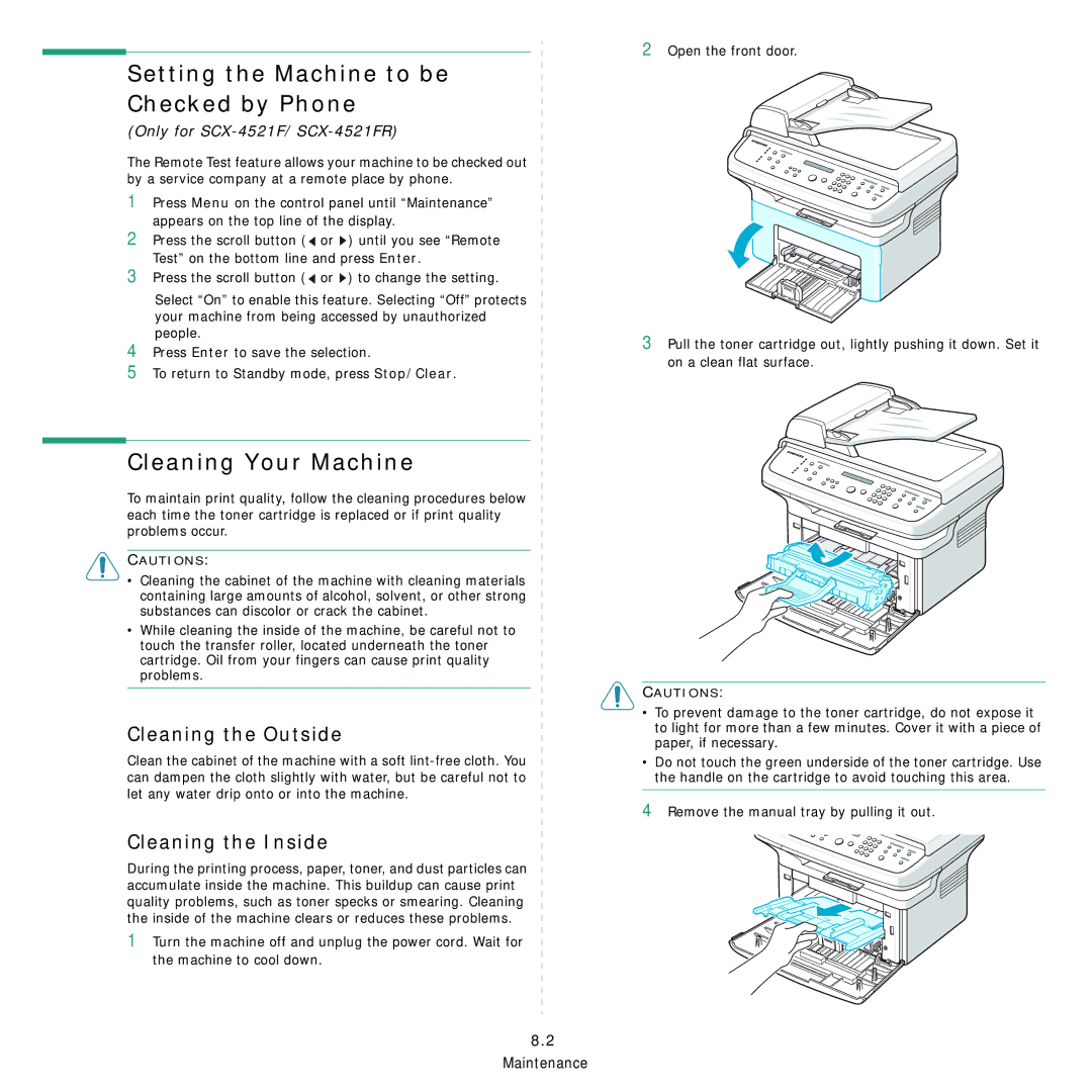 Samsung SCX-4321, SCX-4521FR manual Setting the Machine to be Checked by Phone, Cleaning Your Machine, Cleaning the Outside 