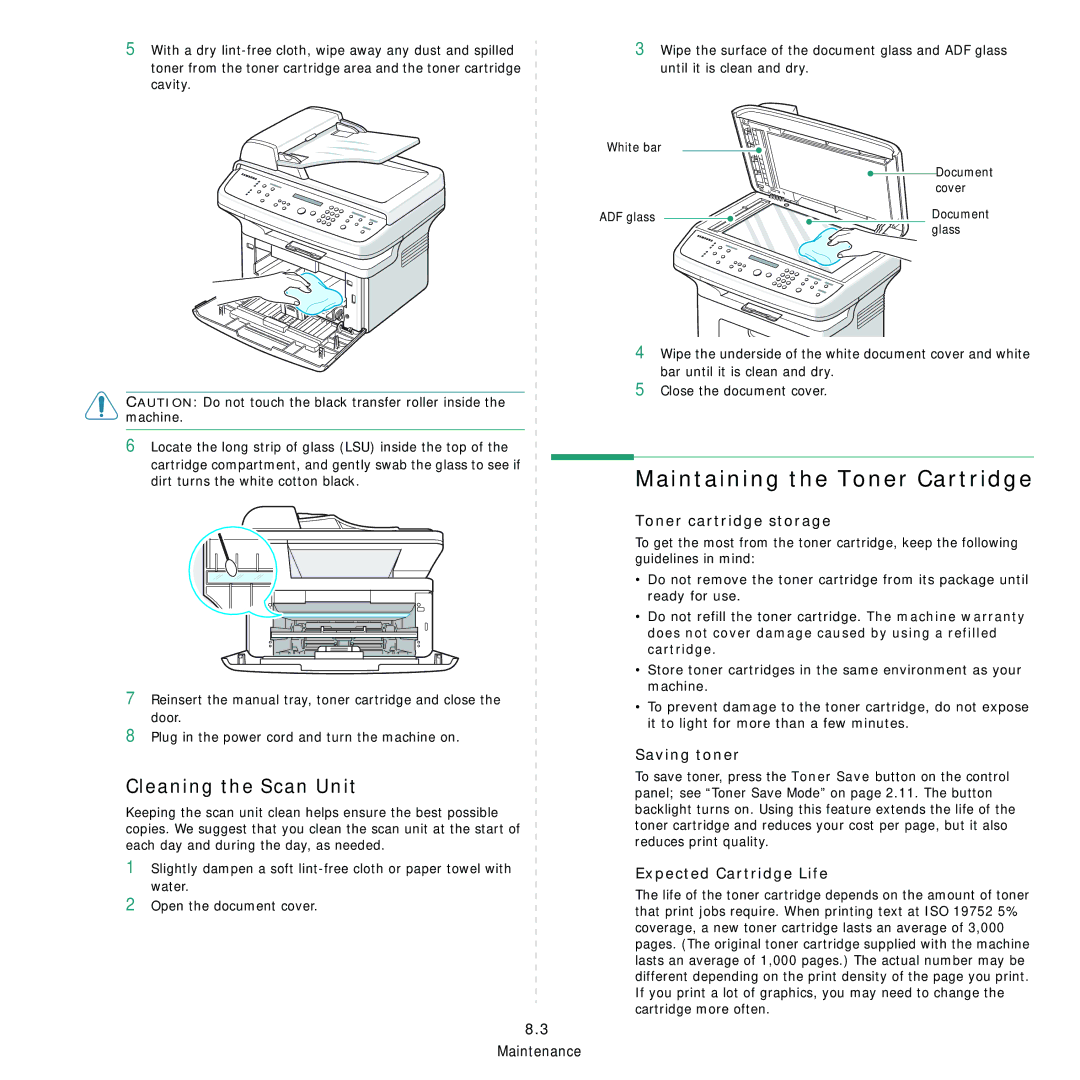 Samsung SCX-4521FR manual Maintaining the Toner Cartridge, Cleaning the Scan Unit, Toner cartridge storage, Saving toner 