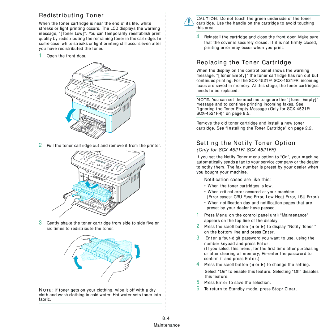 Samsung SCX-4521F, SCX-4321 manual Redistributing Toner, Replacing the Toner Cartridge, Setting the Notify Toner Option 