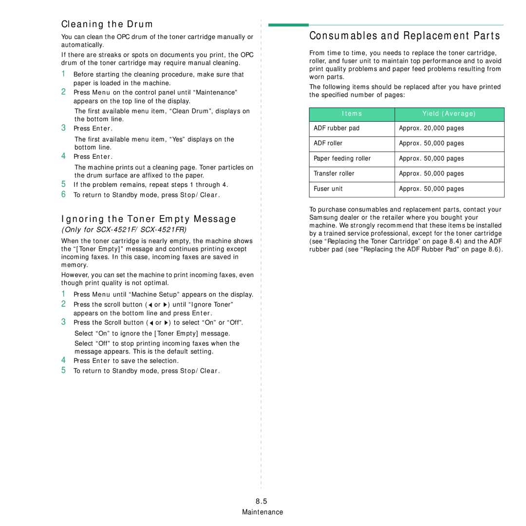 Samsung SCX-4321, SCX-4521FR manual Cleaning the Drum, Ignoring the Toner Empty Message, Items Yield Average 