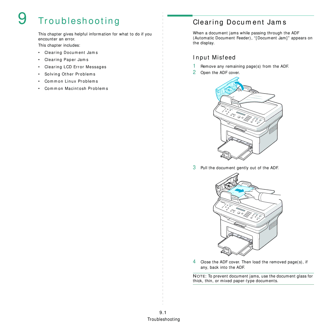 Samsung SCX-4321, SCX-4521FR manual Troubleshooting, Clearing Document Jams, Input Misfeed 