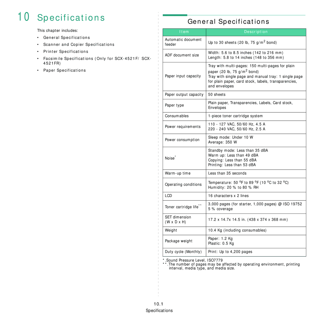 Samsung SCX-4321, SCX-4521FR manual General Specifications 