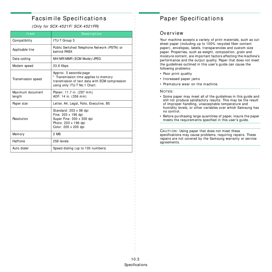 Samsung SCX-4321, SCX-4521FR manual Facsimile Specifications, Paper Specifications, Overview 