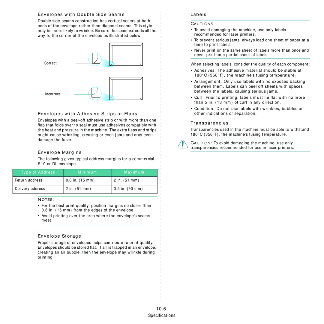 Samsung SCX-4521F Envelopes with Double Side Seams, Envelopes with Adhesive Strips or Flaps, Envelope Margins, Labels 