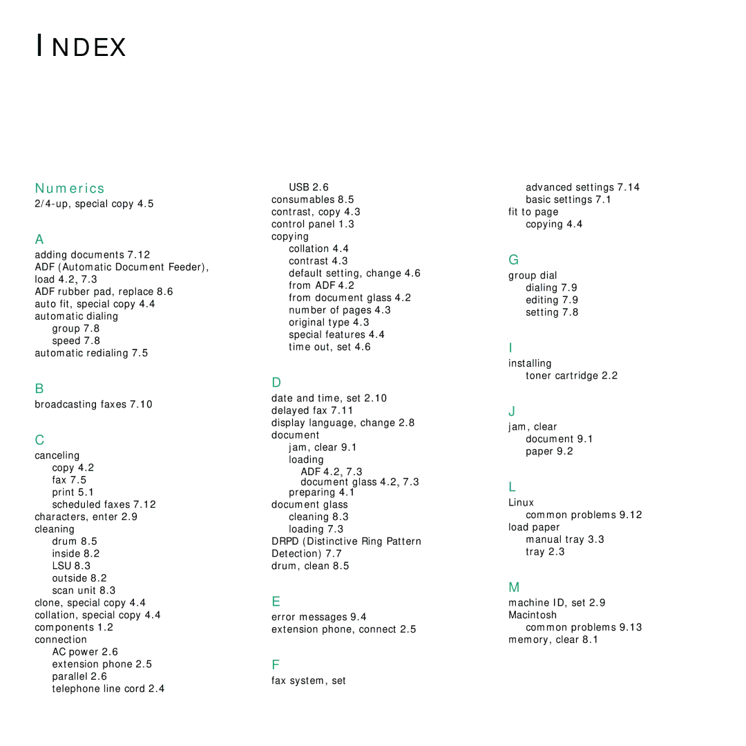 Samsung SCX-4321, SCX-4521FR manual Index 