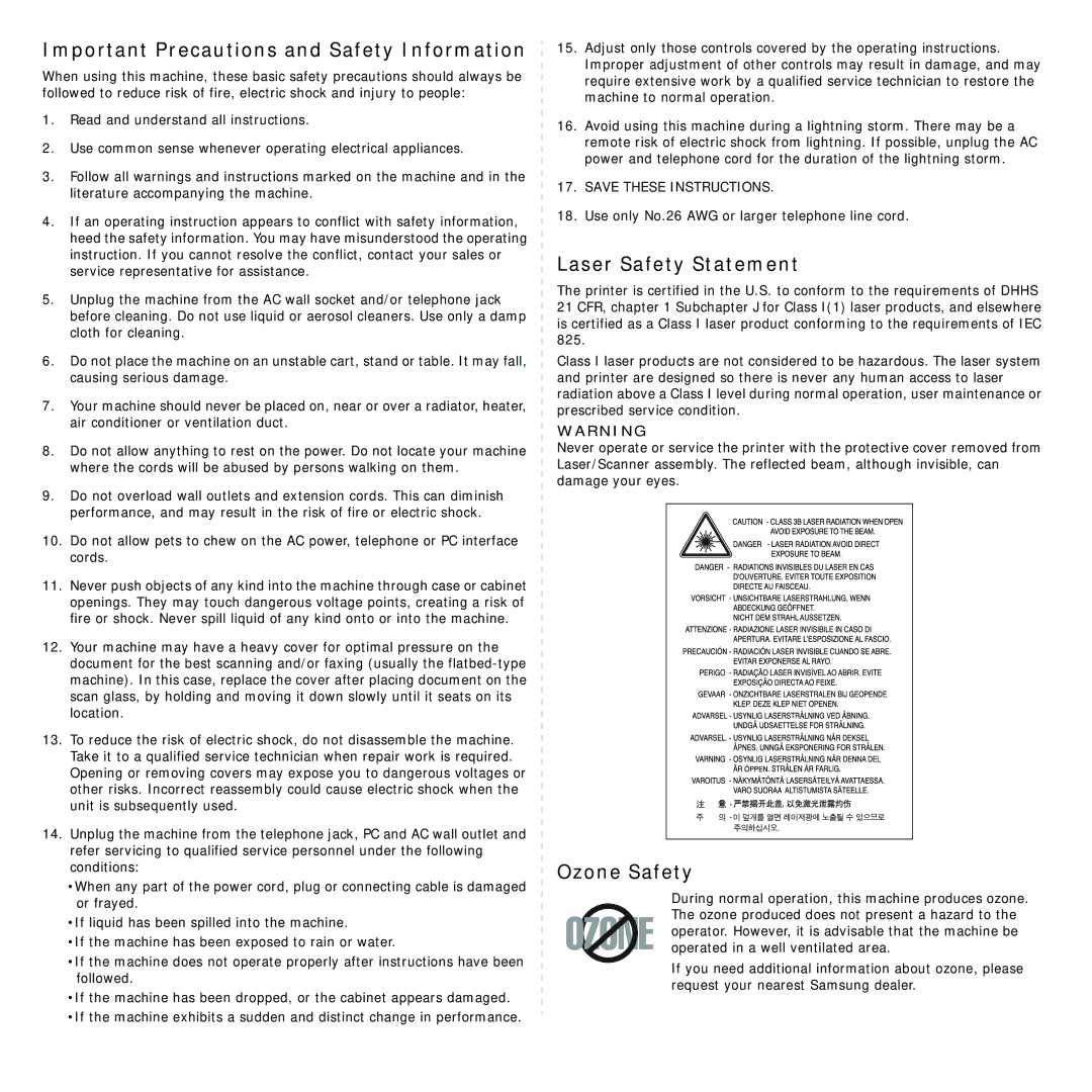 Samsung SCX-4321, SCX-4521FR manual Important Precautions and Safety Information, Laser Safety Statement, Ozone Safety 