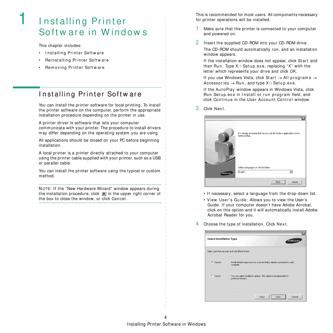 Samsung SCX-4321, SCX-4521FR manual Installing Printer Software in Windows 