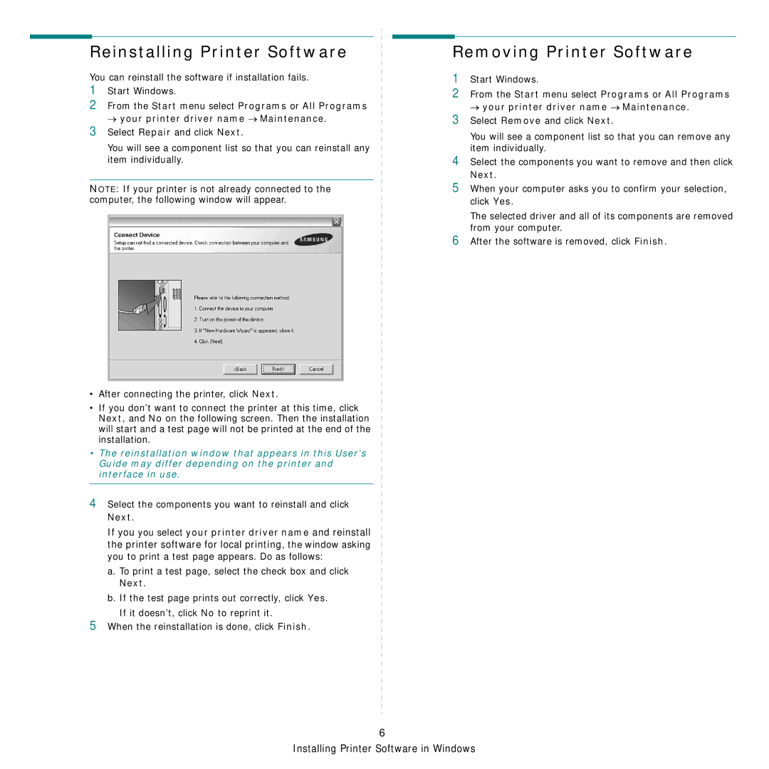 Samsung SCX-4321, SCX-4521FR manual Reinstalling Printer Software, Removing Printer Software 