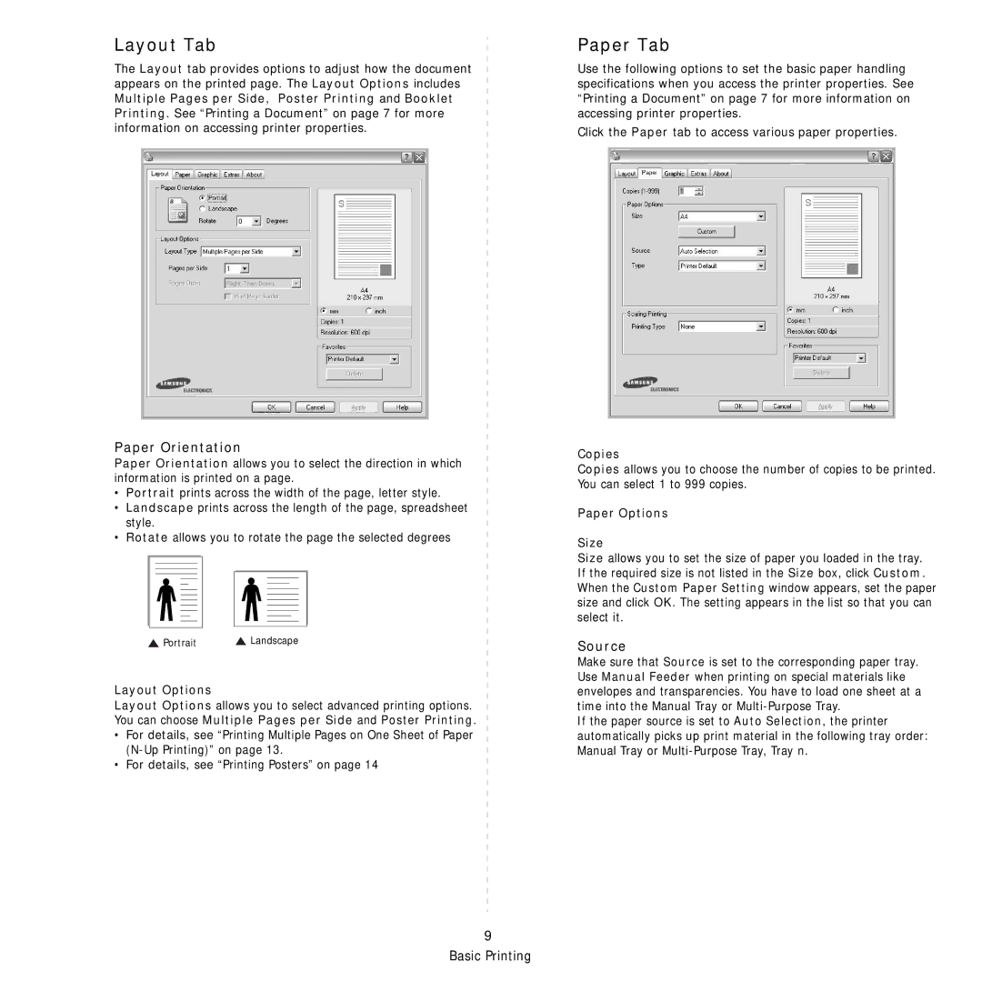 Samsung SCX-4321, SCX-4521FR manual Layout Tab, Paper Tab, Paper Orientation, Source 