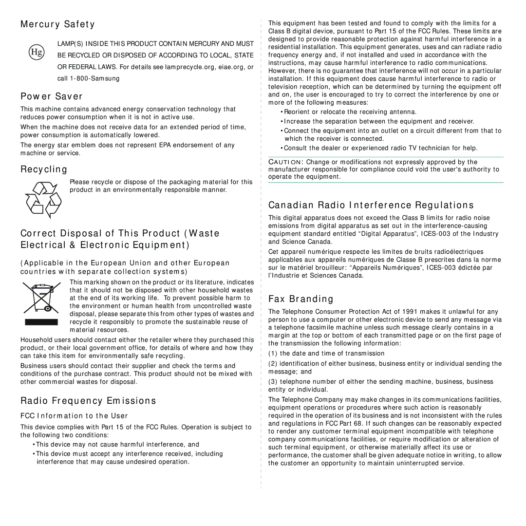 Samsung SCX-4321, SCX-4521FR manual Mercury Safety, Power Saver, Recycling, Radio Frequency Emissions, Fax Branding 