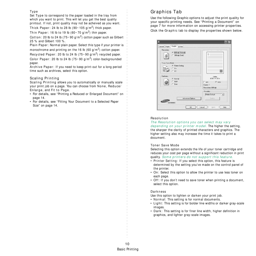 Samsung SCX-4321, SCX-4521FR manual Graphics Tab, Scaling Printing, Type, Resolution, Toner Save Mode 