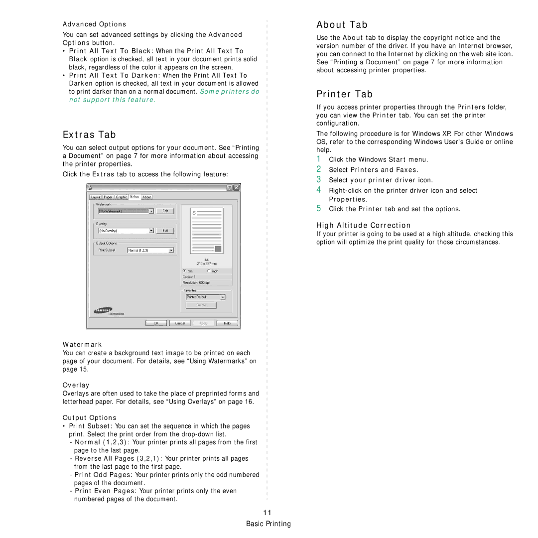 Samsung SCX-4521FR, SCX-4321 manual Extras Tab, About Tab, Printer Tab, High Altitude Correction 