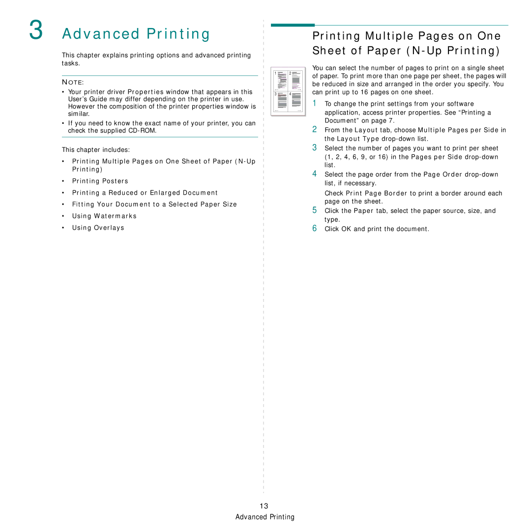 Samsung SCX-4321, SCX-4521FR manual Advanced Printing, Printing Multiple Pages on One Sheet of Paper N-Up Printing 