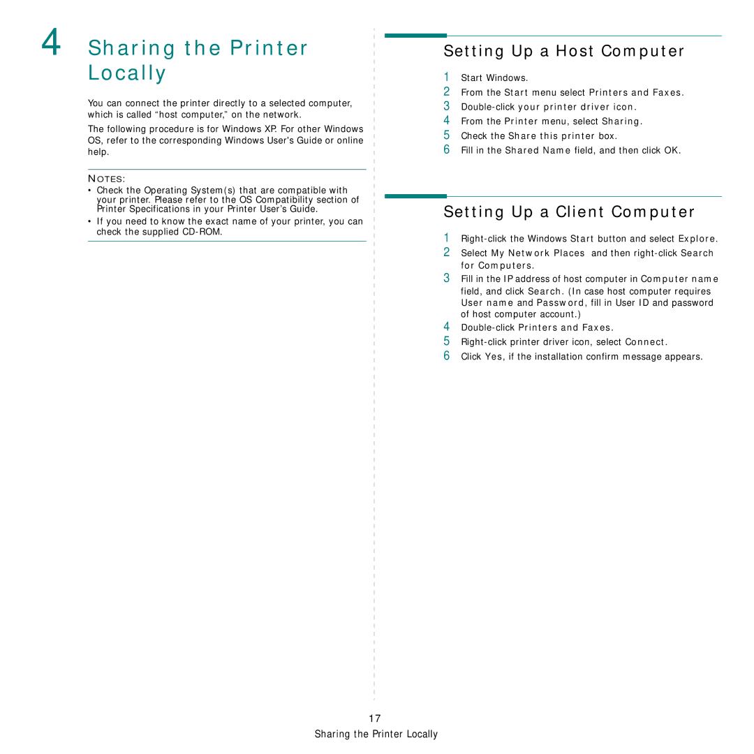 Samsung SCX-4521FR, SCX-4321 manual Sharing the Printer Locally, Setting Up a Host Computer, Setting Up a Client Computer 