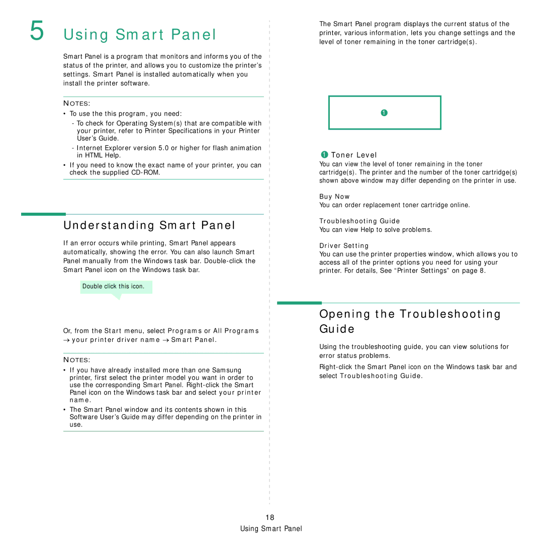 Samsung SCX-4521F, SCX-4321 Using Smart Panel, Understanding Smart Panel, Opening the Troubleshooting Guide, Toner Level 