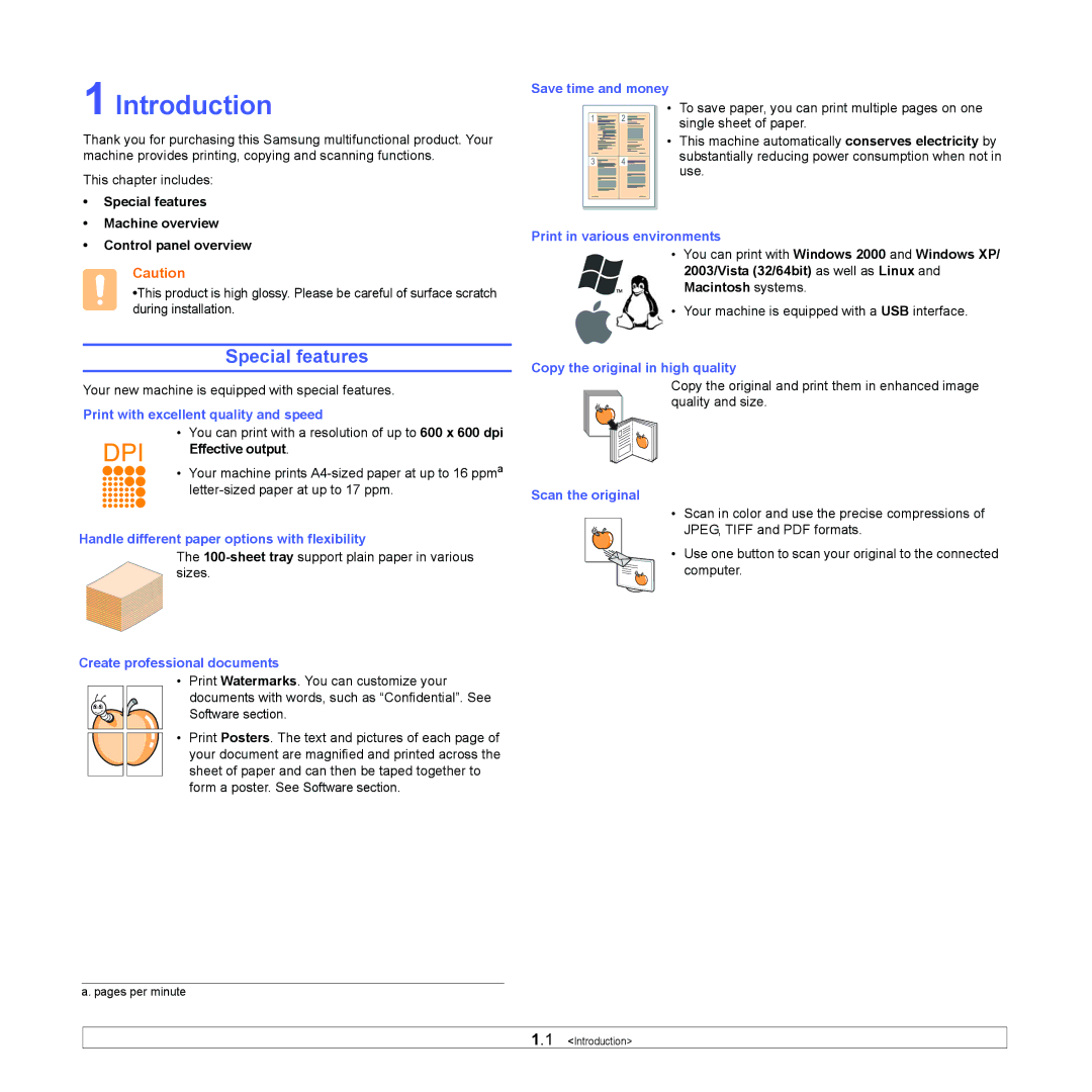 Samsung SCX-4500 manual Introduction, Special features Machine overview Control panel overview 