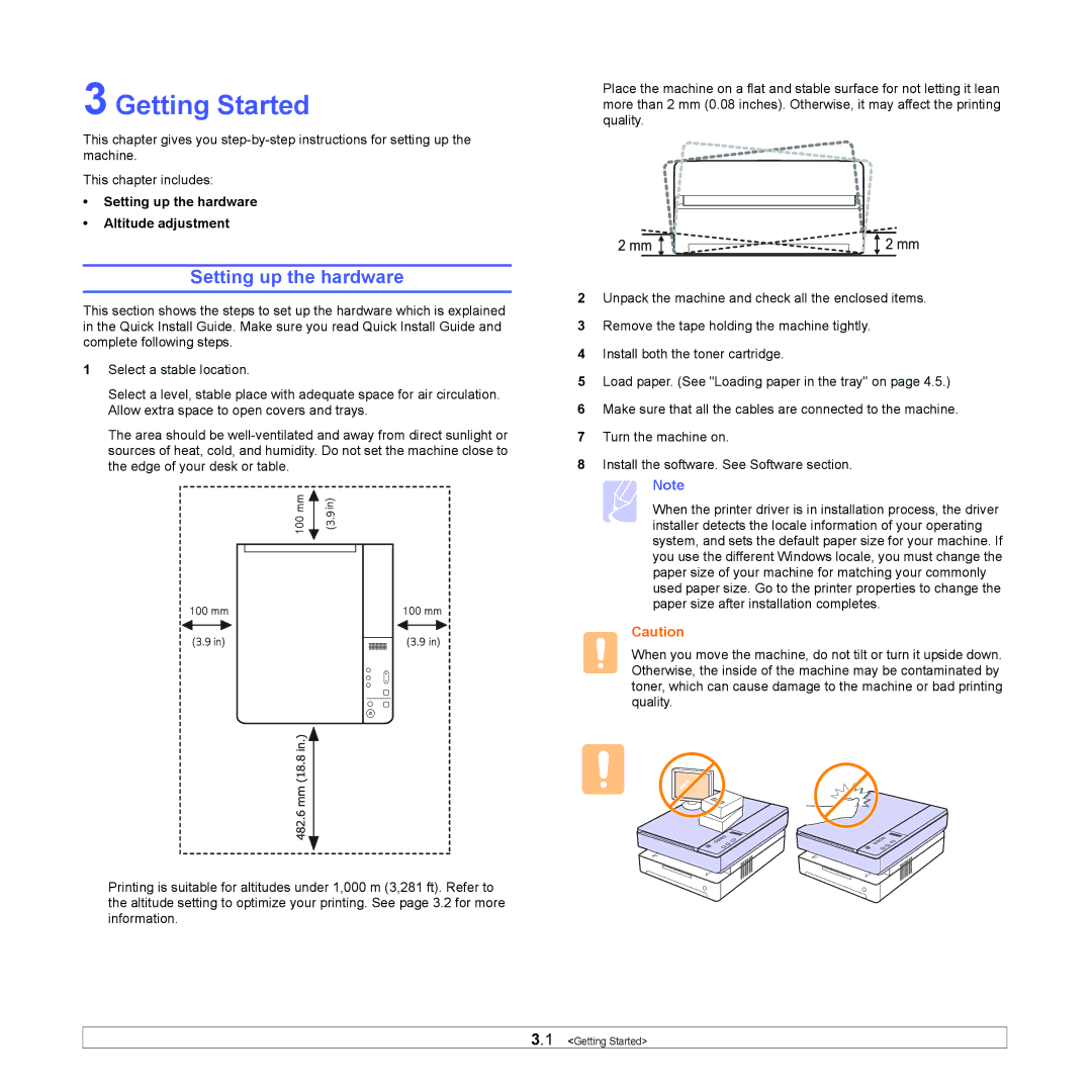 Samsung SCX-4500 manual Getting Started, Setting up the hardware Altitude adjustment 