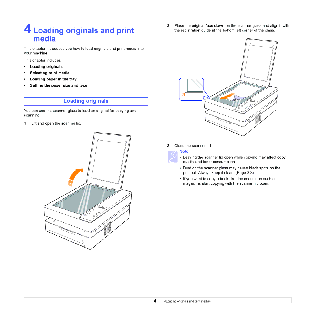 Samsung SCX-4500 manual Loading originals and print media 