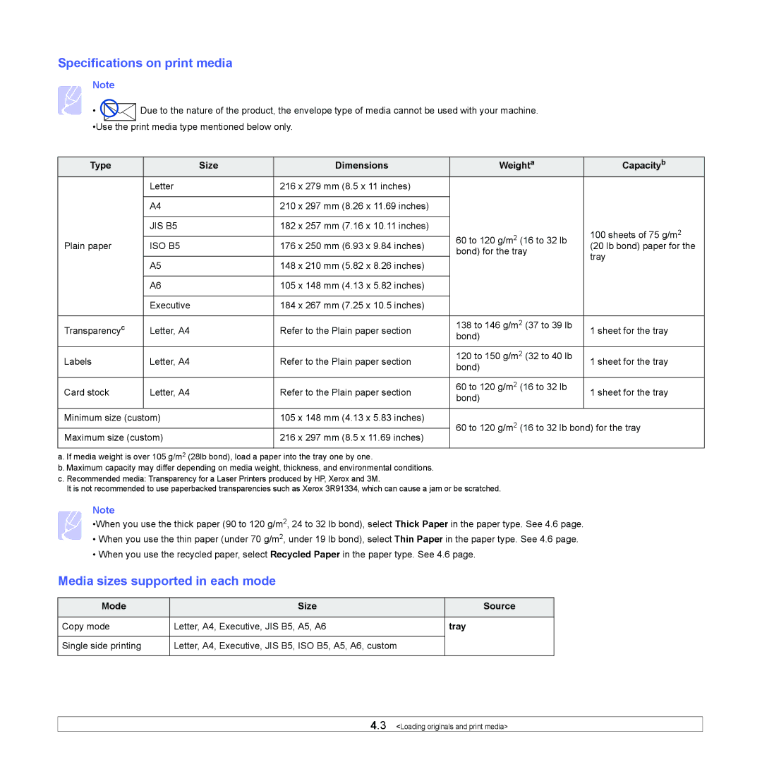 Samsung SCX-4500 Specifications on print media, Media sizes supported in each mode, Type Size Dimensions Weighta Capacityb 